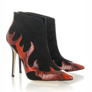 Jimmy Choo Vintage Fire Flame Snakeskin Pointed Toe Stiletto Ankle Boots 35.5